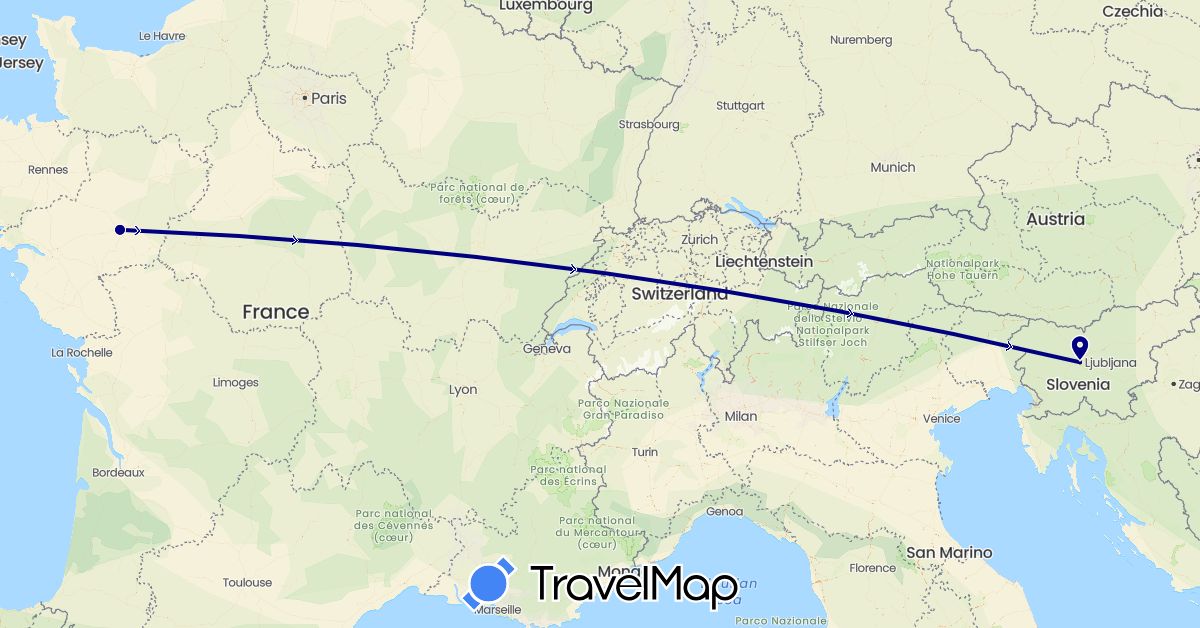 TravelMap itinerary: driving in France, Slovenia (Europe)